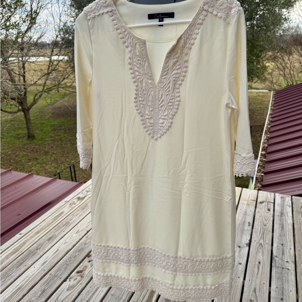 Cream Lace Trim Tunic Calessa Ivory Shift Dress with Ivory Crocheted Lace